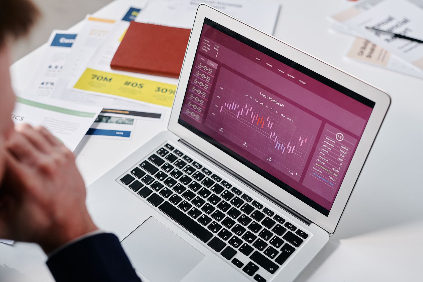 Purple data visualization chart on a computer screen representing website traffic after ranking improvements