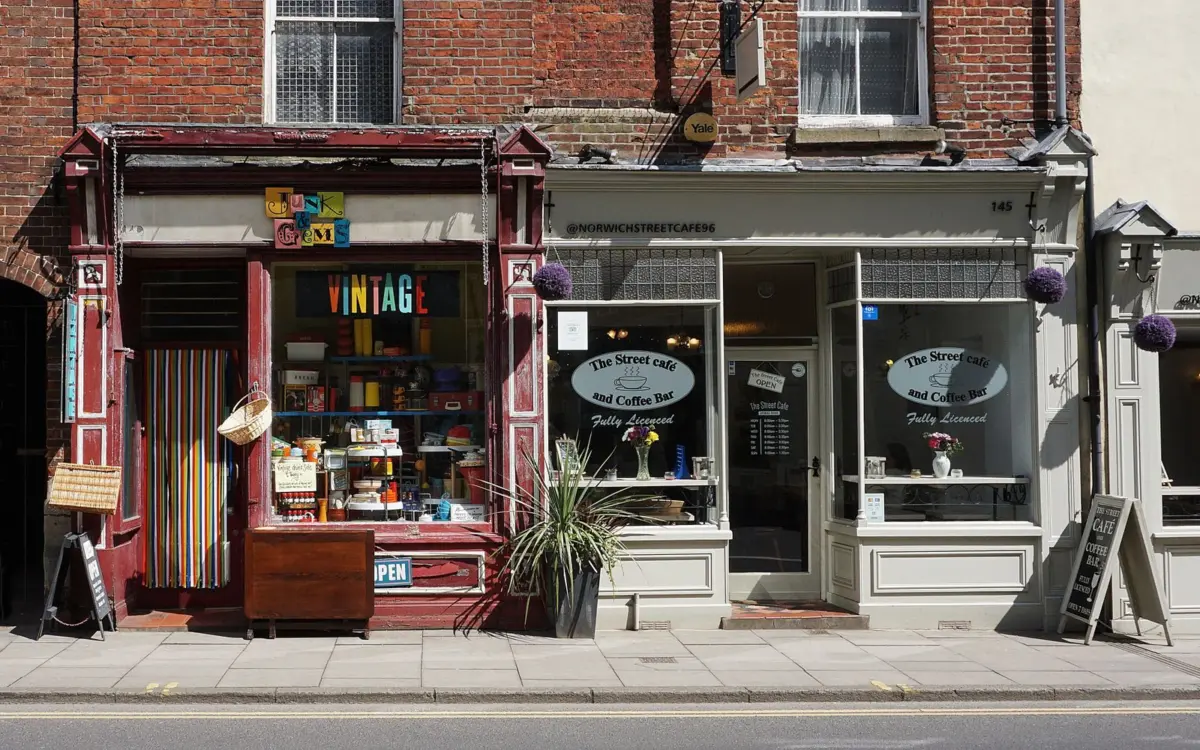 Independent UK high street shop fronts with permanent signage, eligible as shop front businesses
